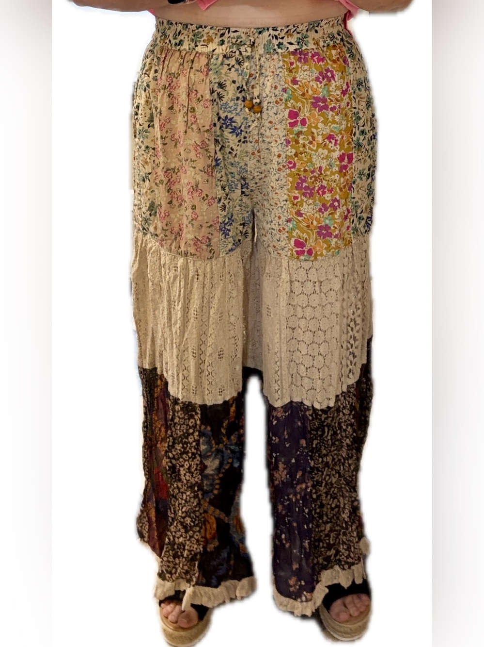 NWT- Boho Patchwork Lace-Tier Wide Leg Pants in Multicolor Young Threads - Picture 11 of 16